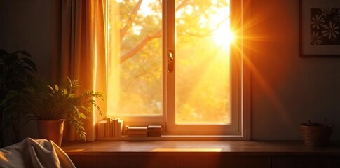 Golden hour sunlight streams through a window, illuminating dust motes dancing in the warm, lazy rays of a Sunday morning Perfect for relaxation and peaceful vibes , texture, soft light, comfort