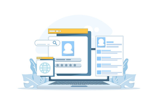 Vector illustration of account login page with username and password fields. Concept of web security, user authorization, and data protection for safe online access and sign-in process.