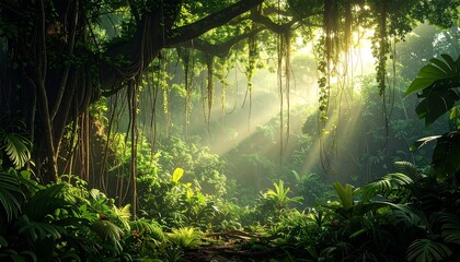 Fototapeta premium Lush jungle scene bathed in sunlight