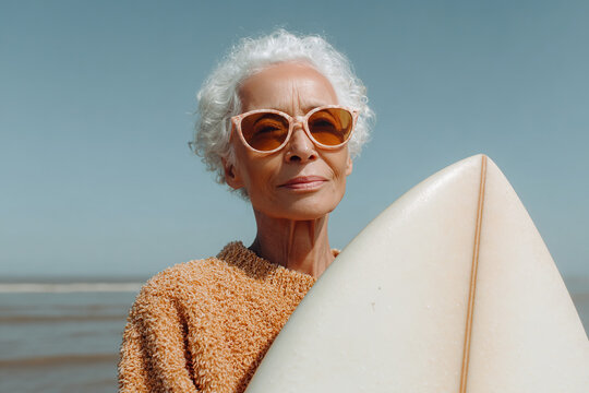 Stylish senior woman with a surfboard by the ocean. Enjoying the beach lifestyle with cool sunglasses and a cozy sweater.