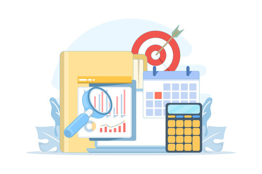 accounting and audit concept. analyzing documents, charts, and graphs on a laptop, with magnifying glass, calculator, and calendar representing business finance, investment, and financial analysis.
