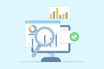 Flat cartoon vector illustration of performance data analysis. Depicts investment reports, marketing research, and business performance studies, symbolizing growth insights and evaluation services.