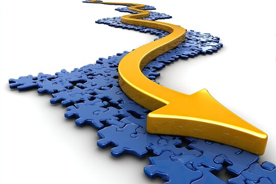 A yellow arrow leads through a path of blue jigsaw puzzle pieces