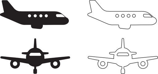 airplane silhouette and line art icons set side, front views vector art illustration