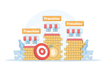 Illustration of franchise business concept with store, startup growth strategy, and expansion planning. Represents SME development, crowdfunding, and company opportunities for franchise sales.