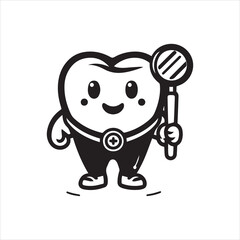 Smiling Cartoon Tooth Holding Dental Mirror for Oral Health Checkup.