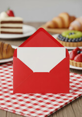 Fototapeta premium A blank white card is presented in a bright red envelope, a simple, classic, and elegant mockup for an invitation, greeting card, or special announcement.