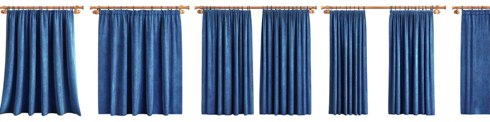 Multiple panels of deep blue drapes or curtains