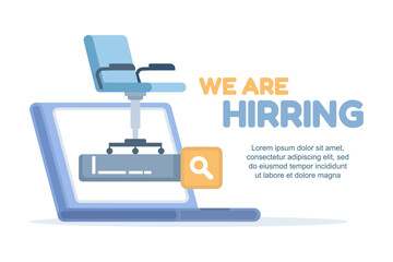 Job recruitment banner showing four vacant office chairs. Hiring new staff, job application opportunities, and open positions announcement for candidates seeking employment.
