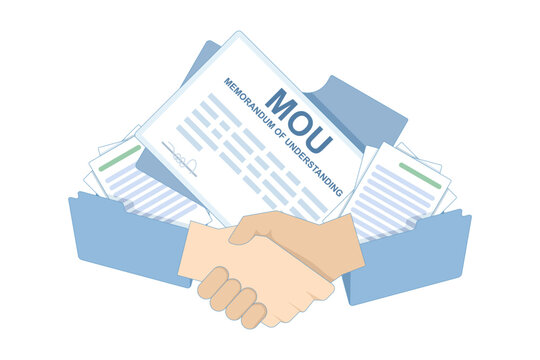 Flat vector illustration of business agreement. Handshake in front of document folder symbolizes signed MOU, representing partnership, cooperation, and shared commitment in professional relations.