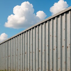 Naklejka premium Corrugated metal wall against a bright blue sky with fluffy white clouds