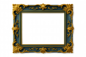 Elegant golden-trimmed frame adorning deep teal surface, highlighting artwork with vintage-inspired luxurious design and refined decorative aesthetic