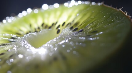 Close-up view of a kiwi slice with water droplets.