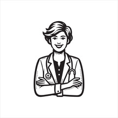 Smiling female doctor with folded arms and stethoscope in black and white.