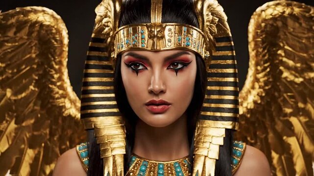 Egyptian Goddess with Golden Wings and Royal Headdress, Ancient Egypt Mythology Concept