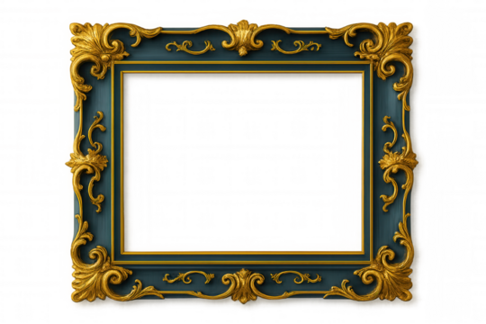 Elegant golden-trimmed frame adorning deep teal surface, highlighting artwork with vintage-inspired luxurious design and refined decorative aesthetic