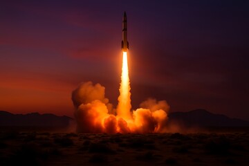 Powerful rocket launch at dusk with bright orange flames and smoke billowing into the twilight sky