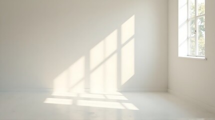 Minimalist White Room Illuminated by Sun Rays and Window Shadows