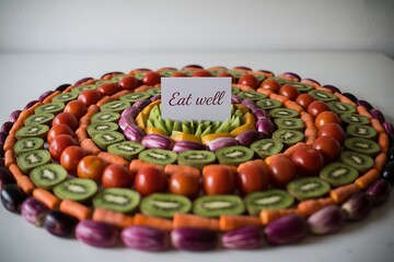 Vibrant, fresh produce platter artfully arranged with a healthy eating message for wellness and nutrition inspiration