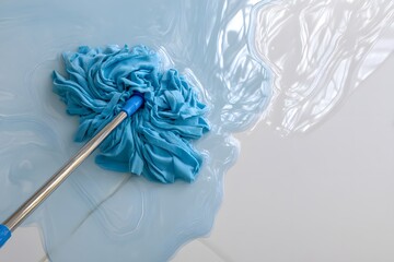Blue mop cleaning spilled liquid.