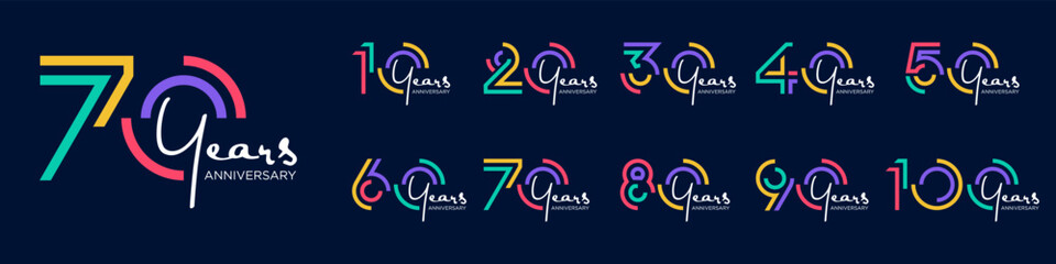 collection anniversary 10 to 100 year logo designs. abstract number for celebration event, wedding, greeting card, and invitation, vector illustration