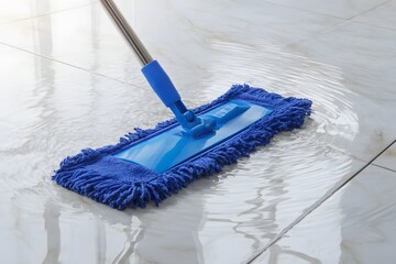 Blue microfiber mop cleaning wet floor.