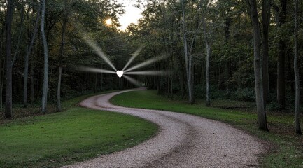 Obraz premium Sunbeams illuminate a heart-shaped light on a winding forest road
