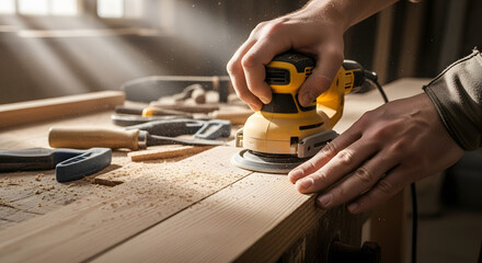 Woodworker sanding a wooden plank with an electric sander in a workshop.