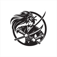 Stylized Samurai Warrior with Dual Katanas in Dynamic Circular Frame.