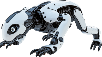 White robotic dog crouching in motion stance
