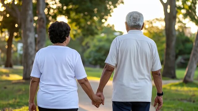 Elderly couple holds hands while walking away on a path surrounded by trees