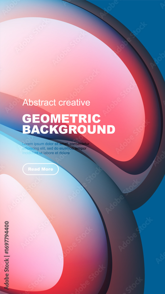 Poster abstract geometric background features vibrant overlapping shapes, gradients, text, button. modern d
