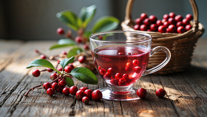 Glass cup of herbal berry tea with fresh hawthorn