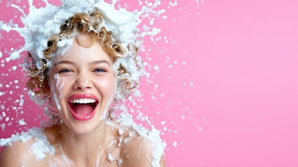 A cheerful young woman adorned with bubbles is laughing actively, showcasing her bright personality against a vibrant pink backdrop that exudes energy and joy.