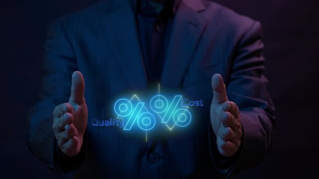 Quality control and company cost reduction. Cost and quality control concept. Businessman shows percentage icon of quality with up arrow and cost with down arrow on virtual screen.