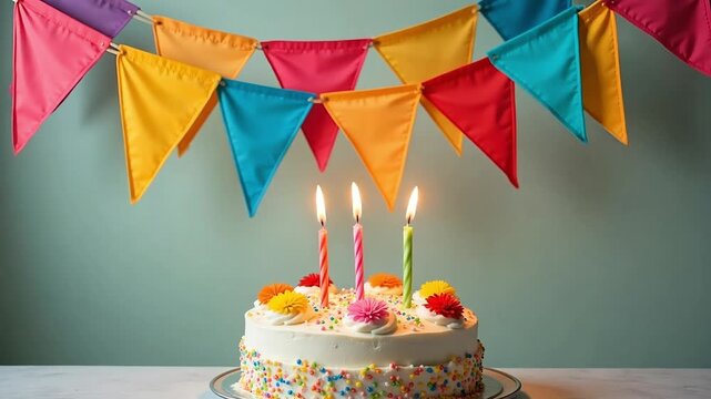 Celebrate joyfully with a festive birthday cake and vibrant party flags, creating a memorable moment.