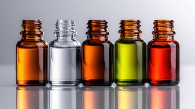 An array of vibrant glass bottles, each uniquely colored, is elegantly arranged on a smooth surface, evoking creativity and artistic expression for modern decor.