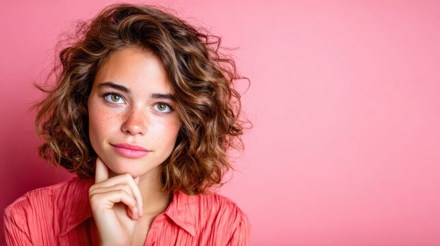 A stunning young woman with curly hair and freckles, wearing a pink shirt, poses thoughtfully on a soft pink background, embodying contemplation and beauty.