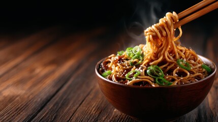 A steaming bowl of delicious noodles adorned with fresh green onions, beautifully captured to evoke mouth-watering sensations and a sense of culinary delight in every bite.