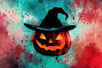A vibrant Halloween jack-o'-lantern, wearing a witch's hat, set against a backdrop of splatter paint in teal and crimson hues, exudes a spooky yet artistic Halloween spirit.