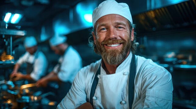 A cheerful chef stands confidently in a vibrant kitchen, creating a welcoming atmosphere that highlights their passion and dedication to culinary excellence.