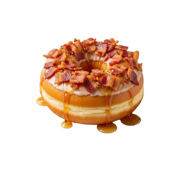 A perfect maple-glazed donut with crispy bacon bits, maple syrup, and sea salt on a white plate, isolated on transparent, 45-degree angle, bright diffused light, gourmet food concept
