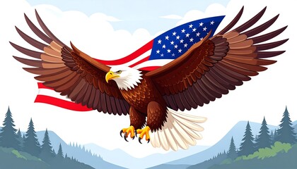 Obraz premium Bald eagle soaring, American flag