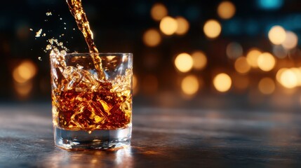 Golden whiskey splashes into a crystal glass, creating dynamic fluidity, capturing the essence of relaxation and enjoyment in an inviting setting.
