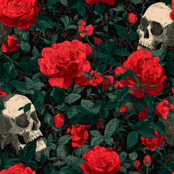 Skull floral seamless pattern with red climbing curl rose and thorn. Fabric dak flower background, vecto. Gothic, Day of Dead or hlloween holiday. Dia de murtos texture. Cute funny dath's head