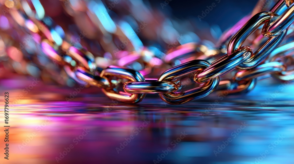 Poster a close-up view of colorful metal chain links intertwines seamlessly, reflecting vibrant light in an