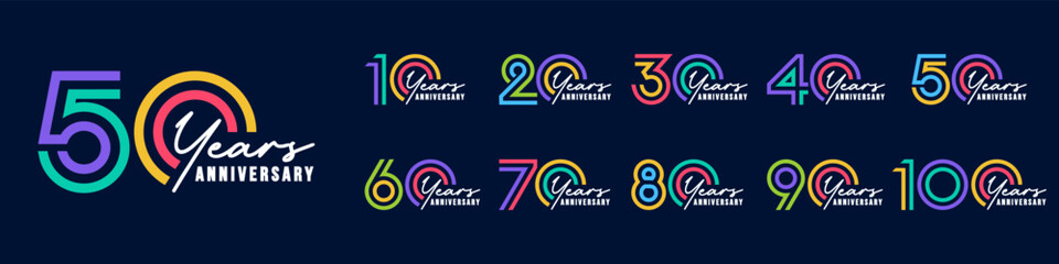 collection anniversary 10 to 100 year logo designs. abstract number for celebration event, wedding, greeting card, and invitation, vector illustration