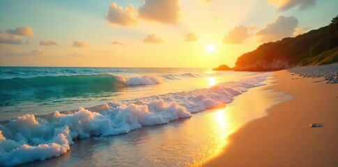 Fototapeta premium Golden hour sunlight bathes a tranquil seaside scene Waves gently lap the shore, creating a peaceful summer atmosphere Perfect for travel, vacation, or relaxation themes , yellow, awe-inspiring
