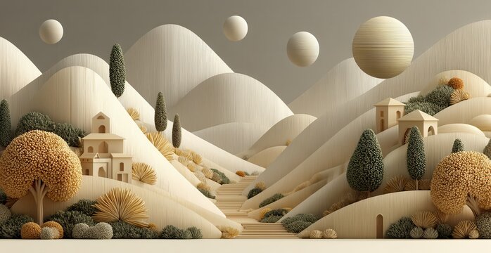 Minimalist surreal landscape with floating spheres and textured hills