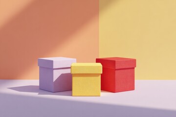 Colorful boxes arranged on table, casting playful shadows on pas